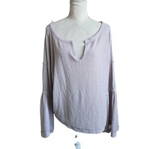 Free People M‎ Purple Waffle Knit Notch Neck Pullover Top Bell Sleeves Boho